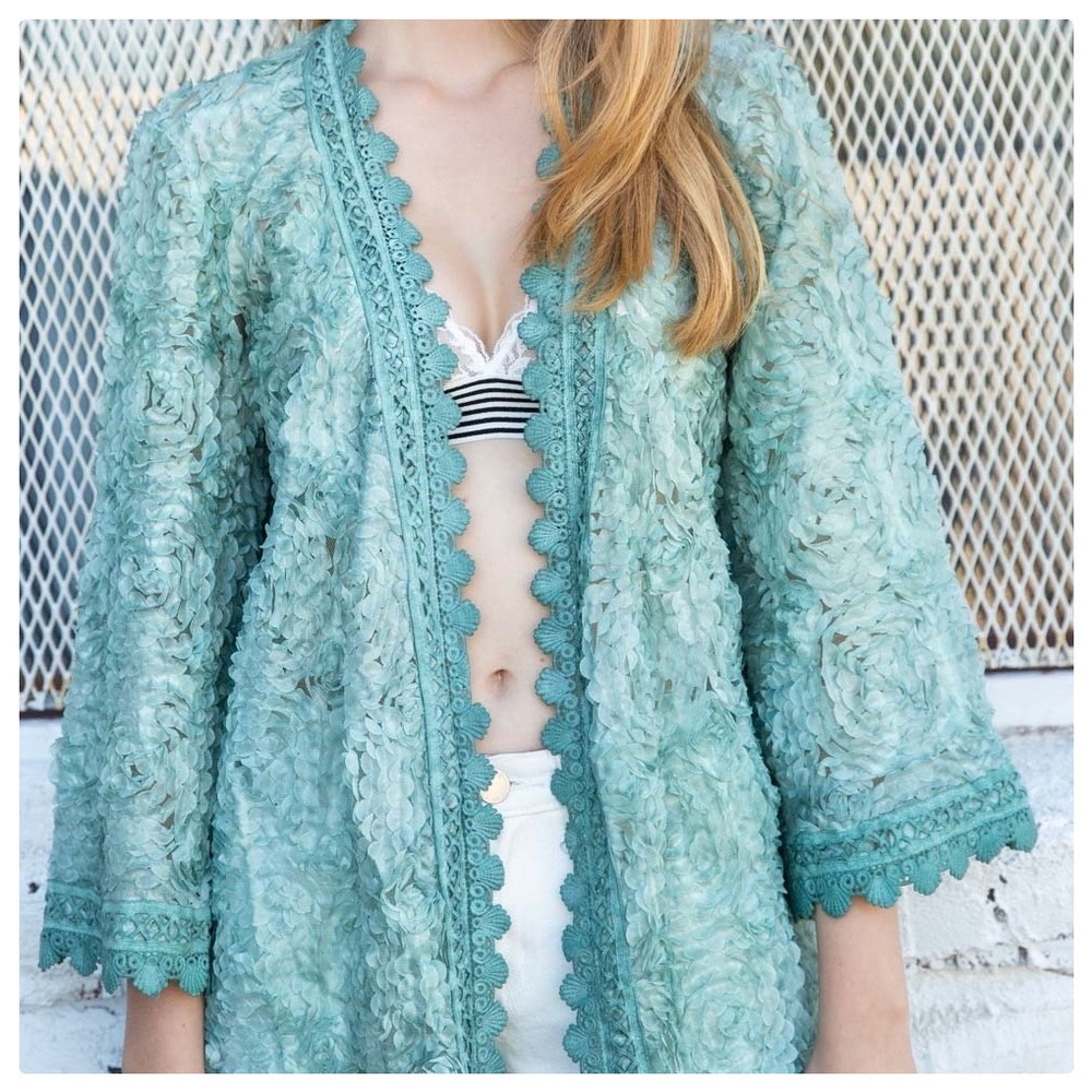 Jewel Teal 3D Lace and Crochet Cardigan - Picture 6 of 8